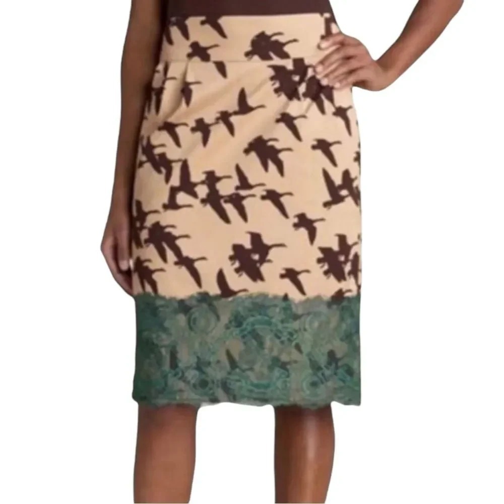 Anthropologie Leifsdottir Geese Bird Print Pencil Skirt Size 8 Teal Lace